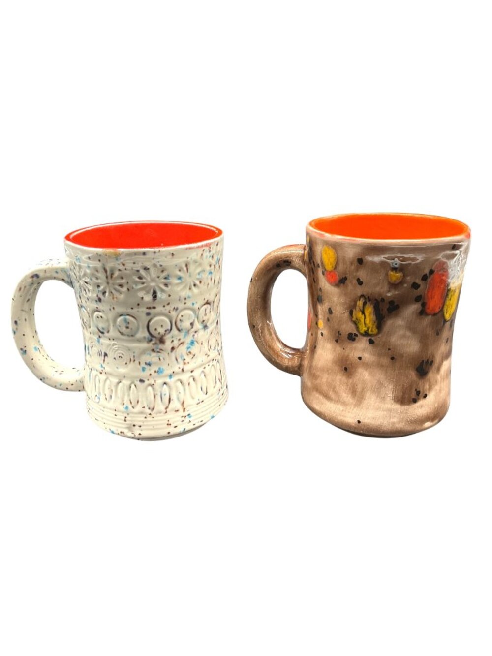Handmade Ceramic Coffee Mugs Speckled Finish Bright Orange Interior Set Of Two